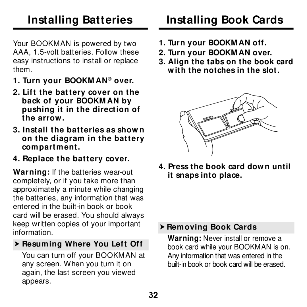 Franklin None manual Installing Batteries Installing Book Cards 