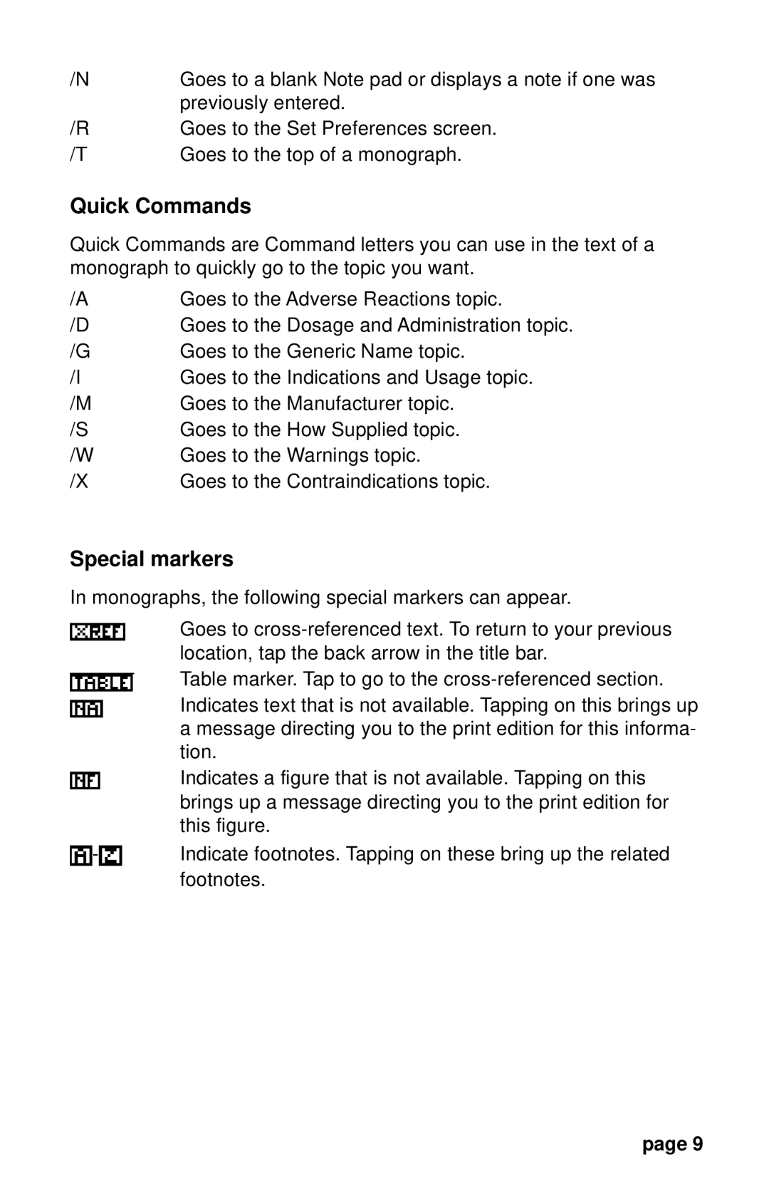 Franklin PDR 2000 user manual Quick Commands, Special markers 