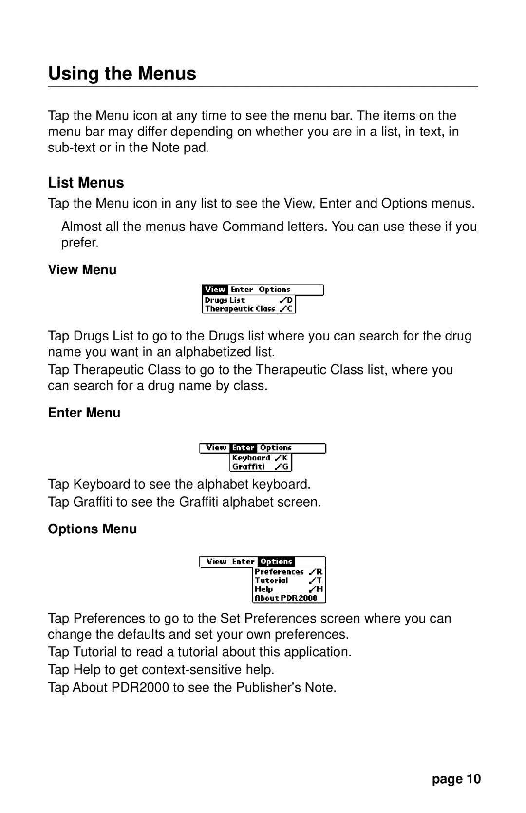 Franklin PDR 2000 user manual Using the Menus, List Menus, View Menu, Enter Menu, Options Menu 