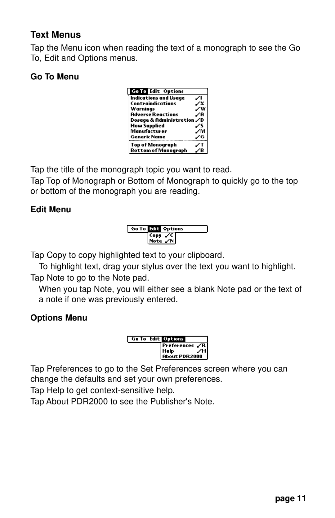 Franklin PDR 2000 user manual Text Menus, Go To Menu, Edit Menu 