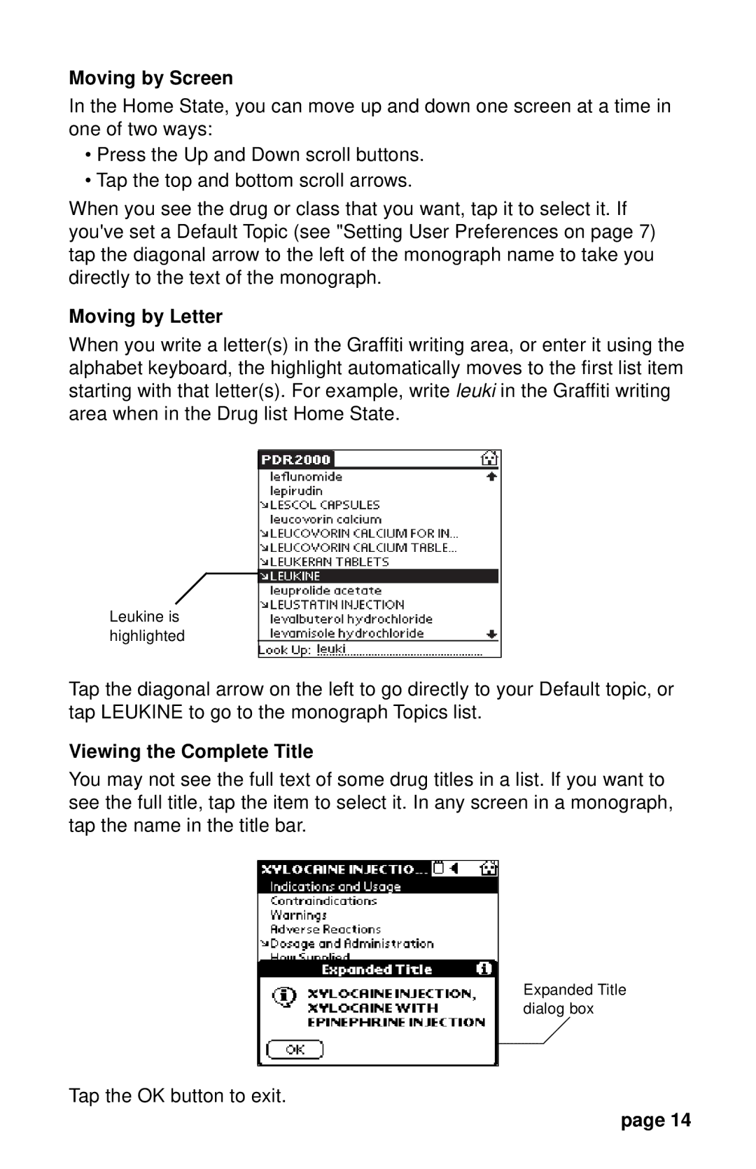 Franklin PDR 2000 user manual Moving by Screen, Moving by Letter, Viewing the Complete Title 