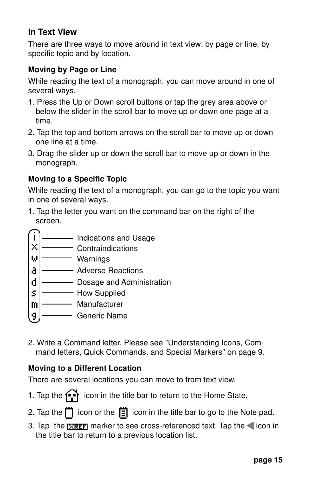 Franklin PDR 2000 user manual Text View, Moving by Page or Line, Moving to a Specific Topic, Moving to a Different Location 