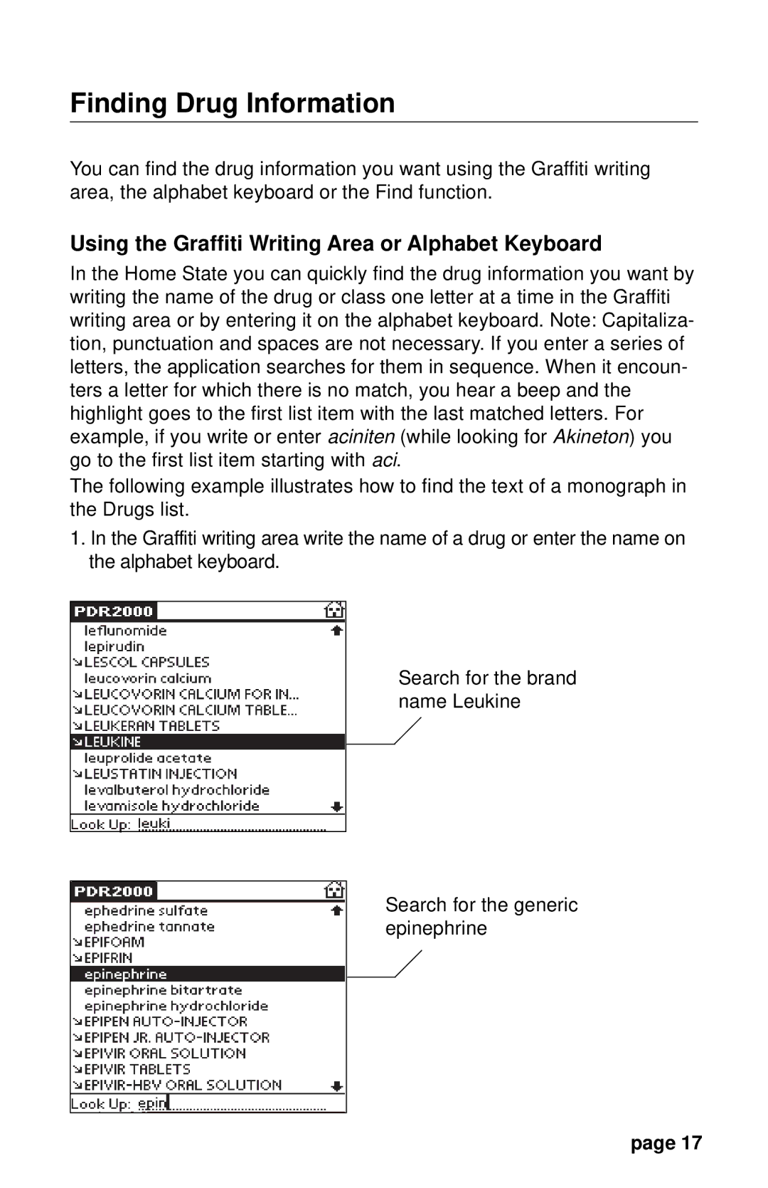 Franklin PDR 2000 user manual Finding Drug Information, Using the Graffiti Writing Area or Alphabet Keyboard 