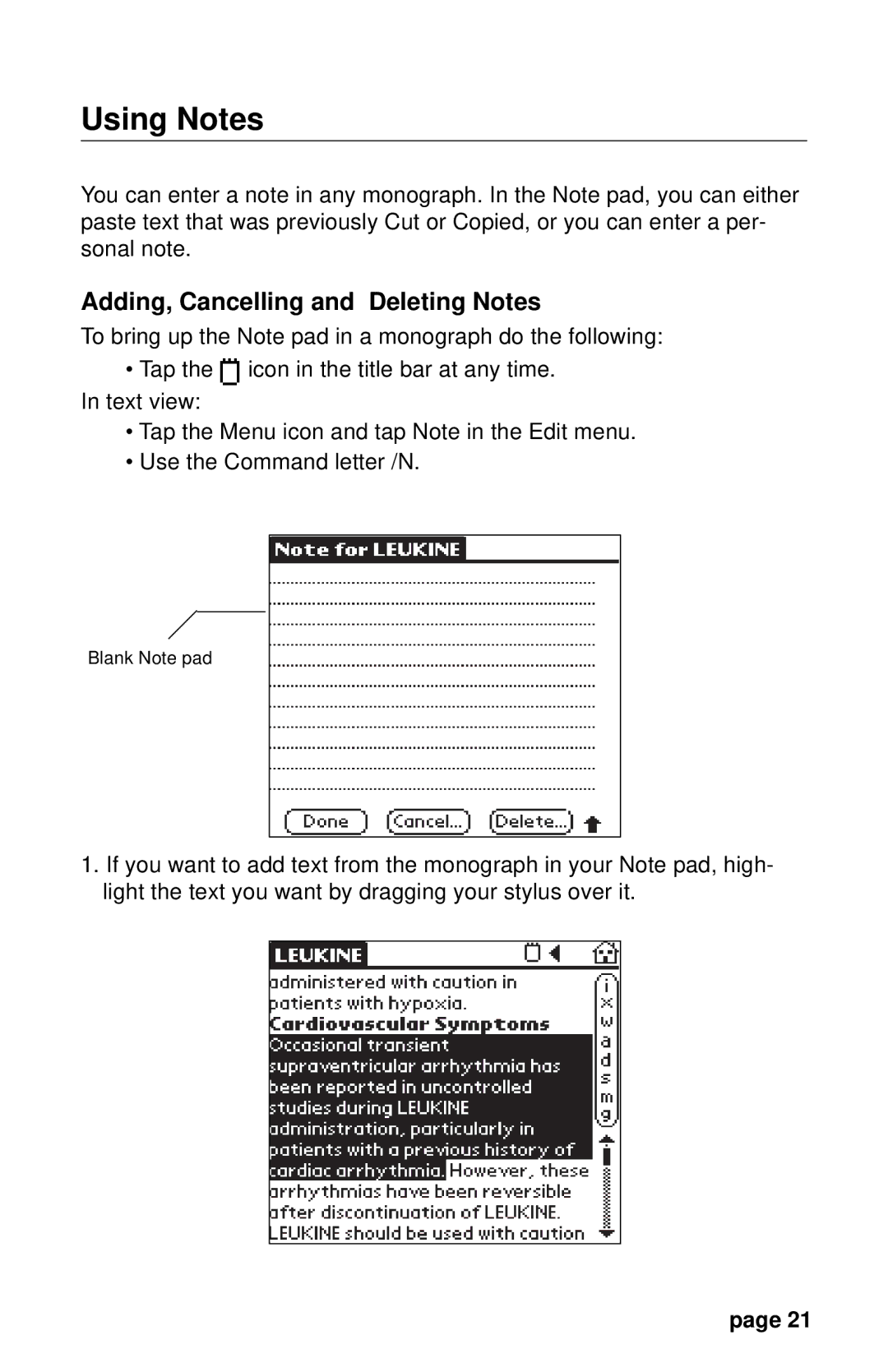 Franklin PDR 2000 user manual Using Notes, Adding, Cancelling and Deleting Notes 