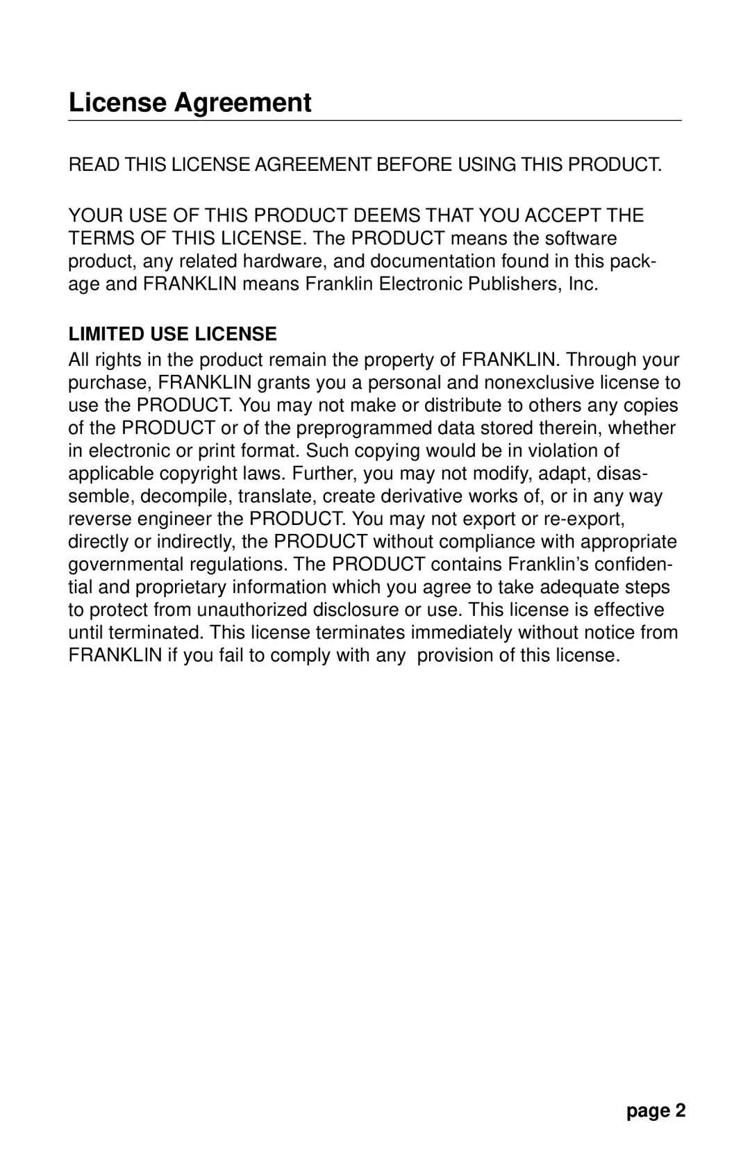 Franklin PDR 2000 user manual Read this License Agreement Before Using this Product 