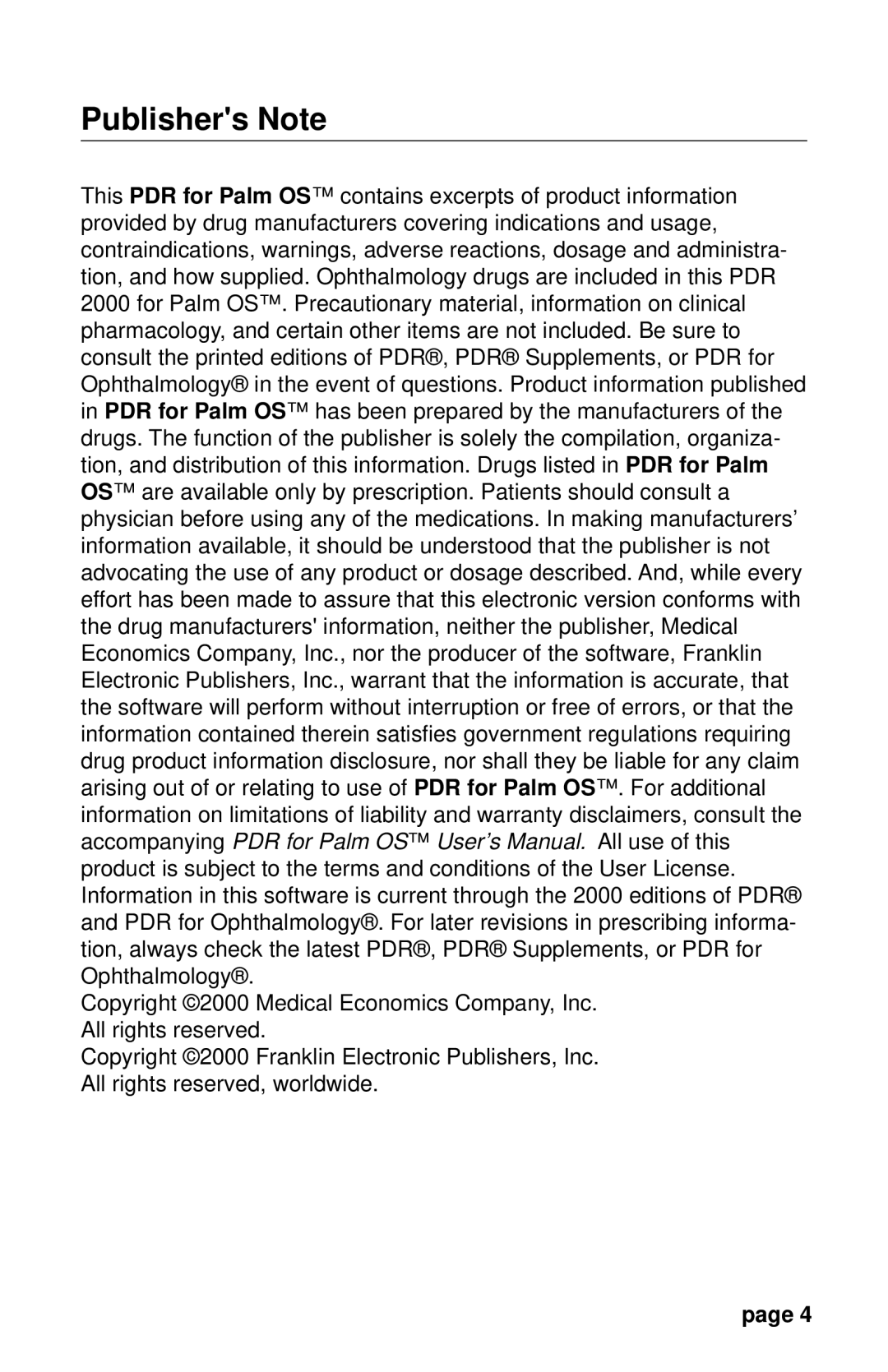 Franklin PDR 2000 user manual Publishers Note 