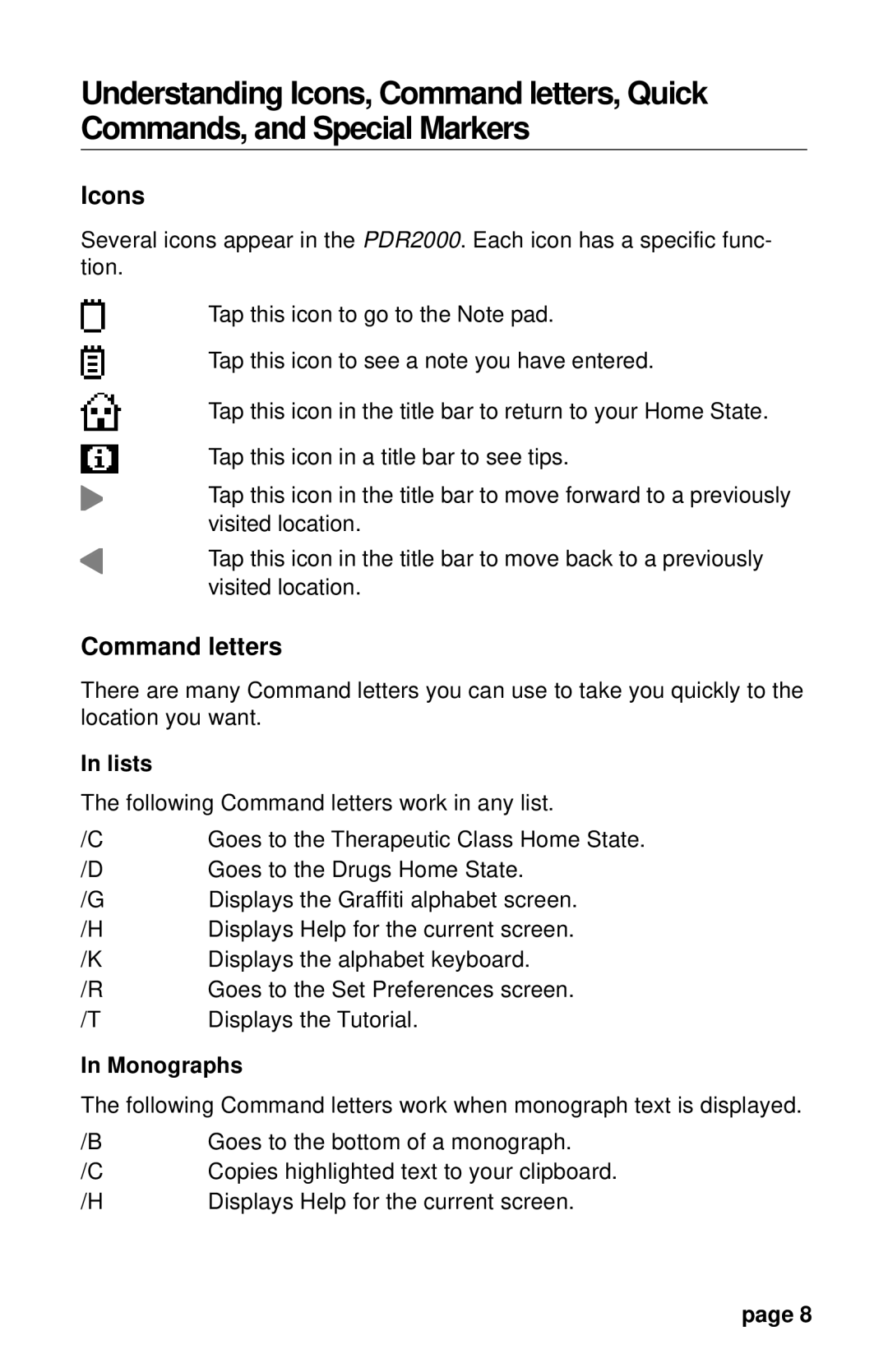 Franklin PDR 2000 user manual Icons, Command letters, Lists, Monographs 