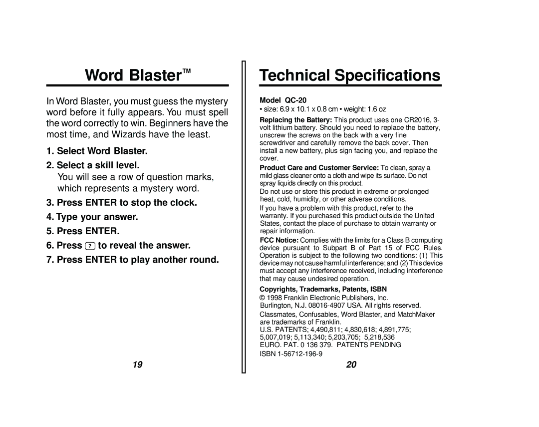 Franklin QC-20 manual Word Blaster, Technical Specifications 