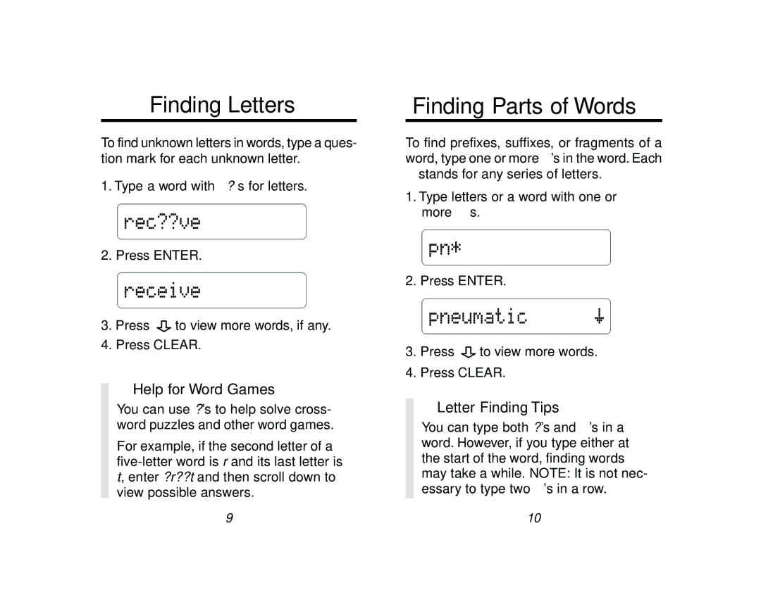 Franklin QC-20 manual Finding Letters, Finding Parts of Words, Help for Word Games, Letter Finding Tips 