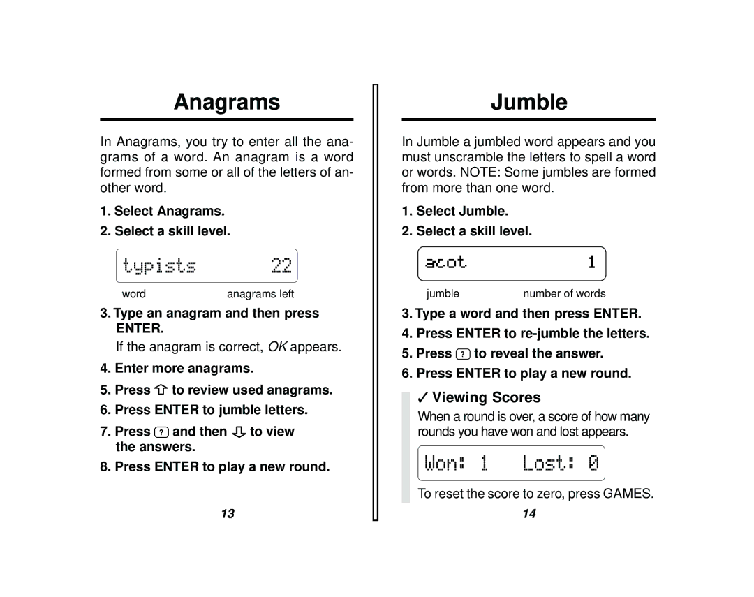 Franklin QC-20 manual Anagrams, Jumble, Viewing Scores 