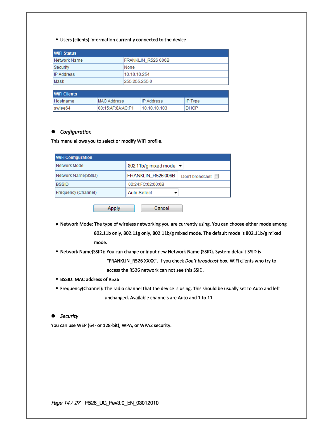 Franklin warranty zSecurity, zConfiguration, Page 14 / 27 R526_UG_Rev3.0_EN_03012010 