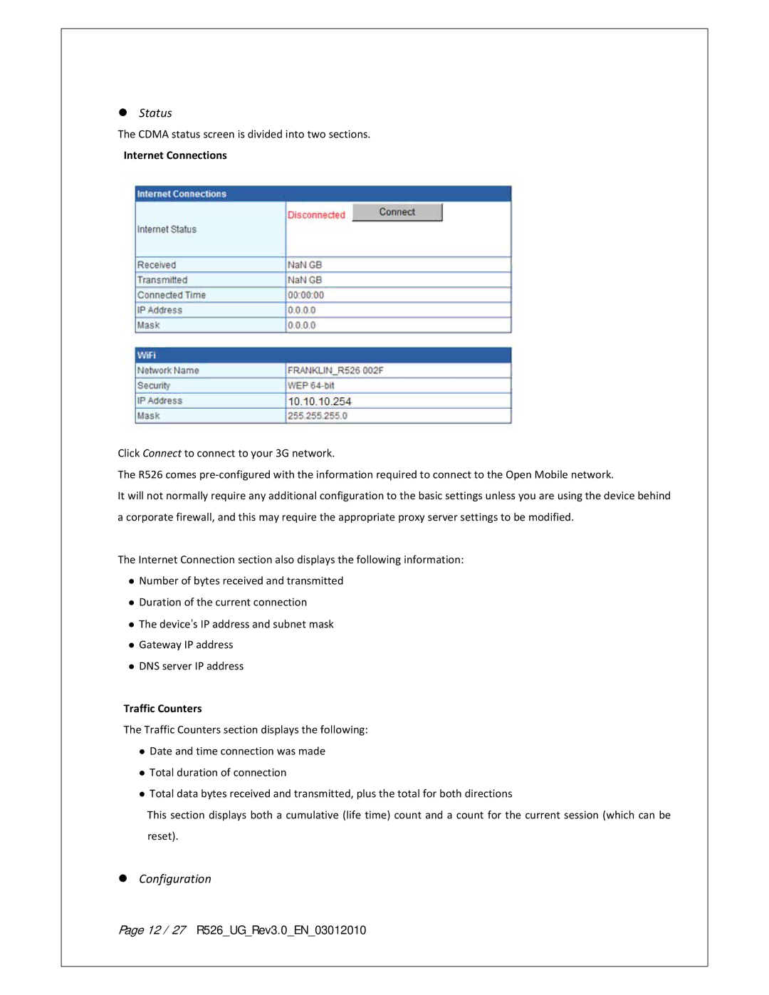 Franklin warranty Status, Configuration, Internet Connections, Traffic Counters, 12 / 27 R526UGRev3.0EN03012010 