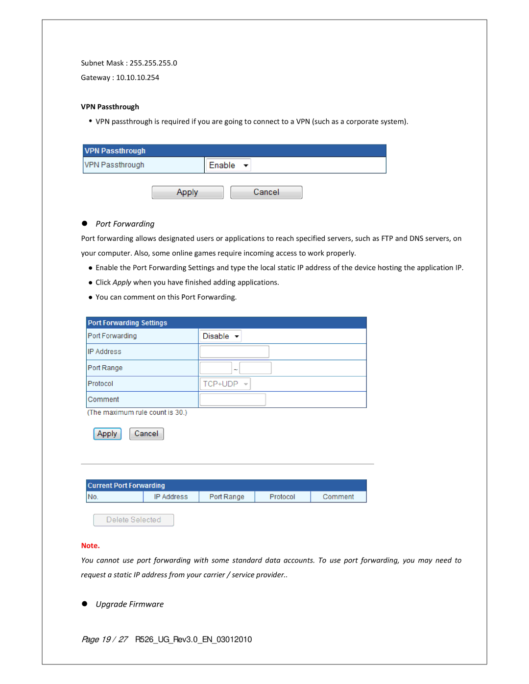 Franklin warranty Port Forwarding, Upgrade Firmware, VPN Passthrough, 19 / 27 R526UGRev3.0EN03012010 