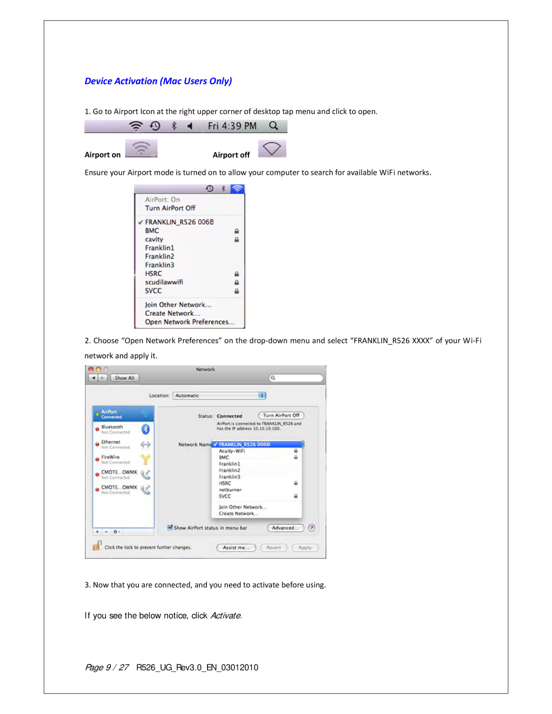 Franklin R526 warranty Device Activation Mac Users Only, Airport on 