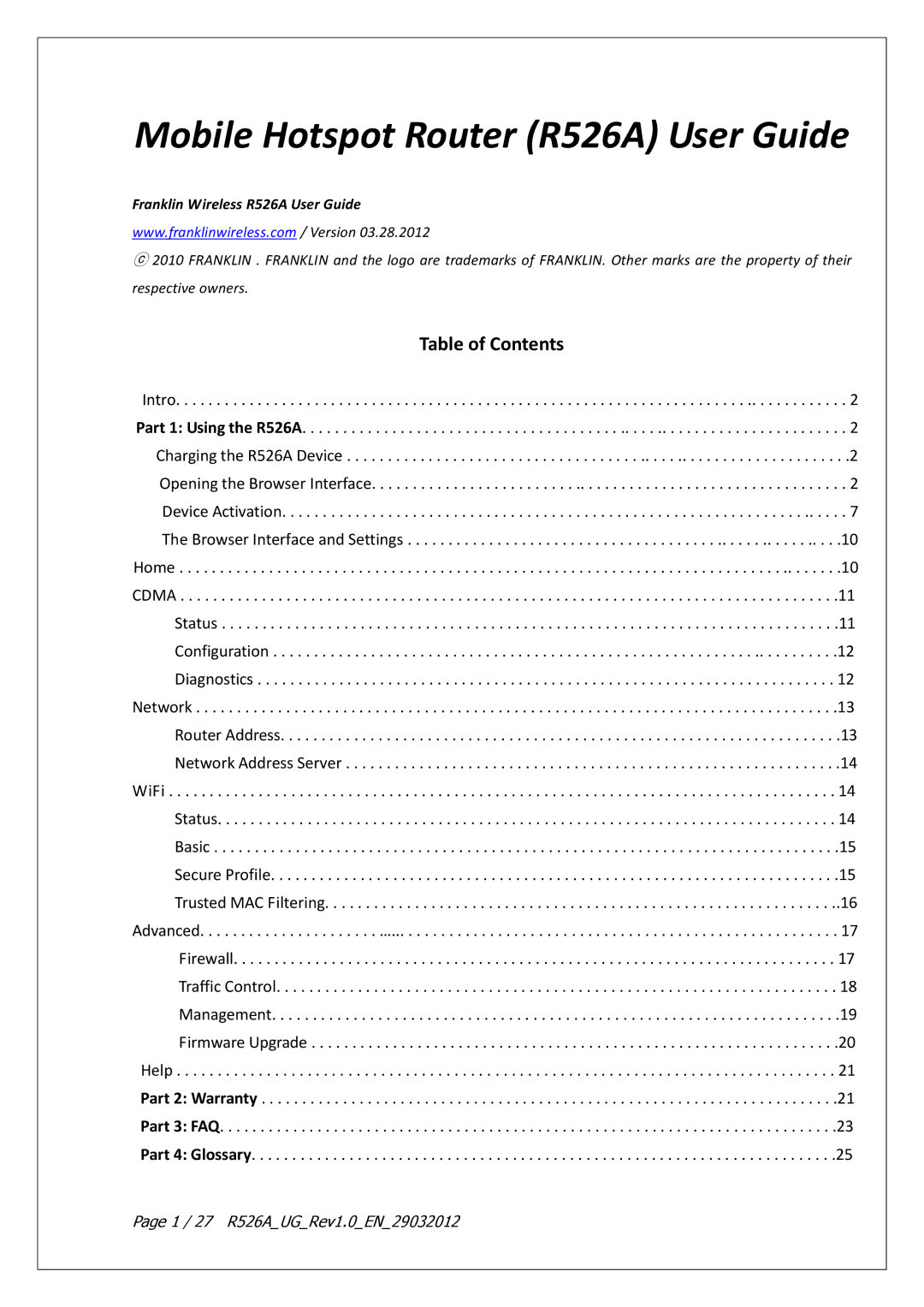 Franklin warranty Mobile Hotspot Router R526A User Guide 