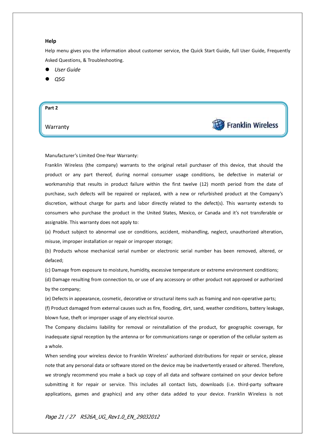 Franklin warranty Help,  User Guide, Part, 21 / 27 R526AUGRev1.0EN29032012 
