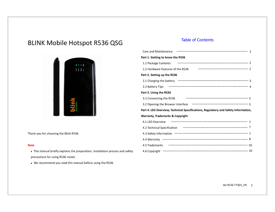 Franklin technical specifications Blink Mobile Hotspot R536 QSG 