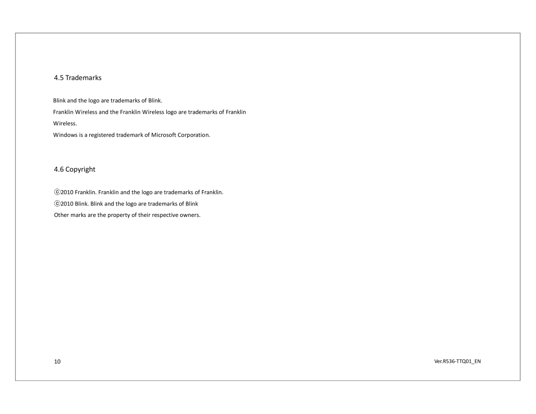 Franklin R536 QSG technical specifications Trademarks, Copyright 