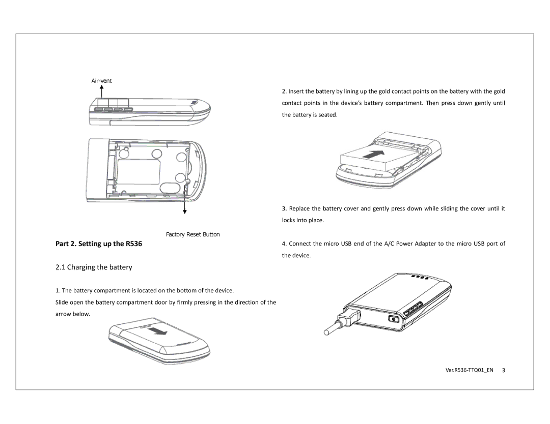 Franklin R536 QSG technical specifications Part 2. Setting up the R536, Charging the battery 