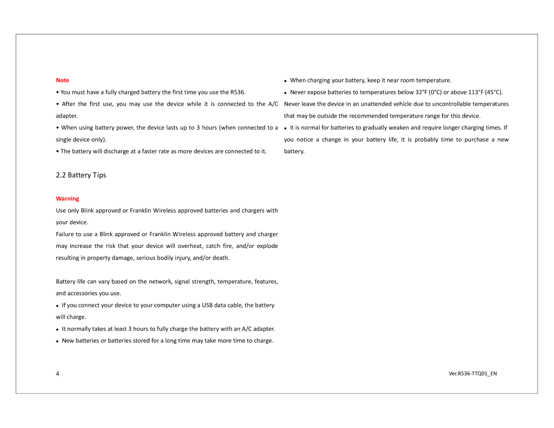 Franklin R536 QSG technical specifications Battery Tips 