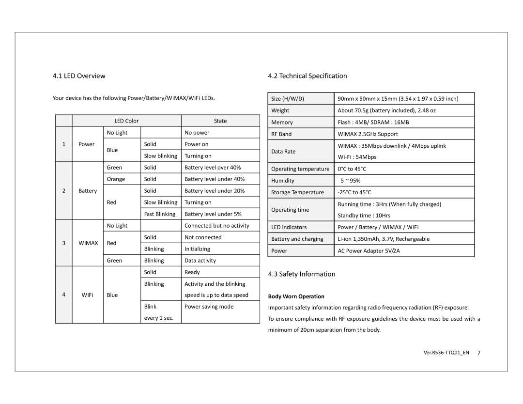 Franklin R536 QSG technical specifications LED Overview Technical Specification, Safety Information, Body Worn Operation 