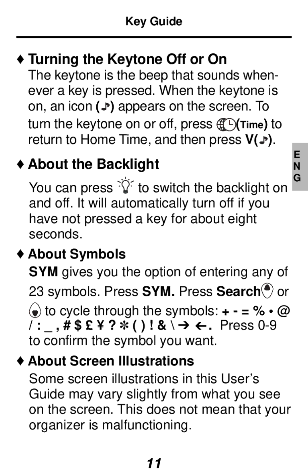 Franklin RF-1000 manual Turning the Keytone Off or On, About the Backlight, About Symbols, About Screen Illustrations 