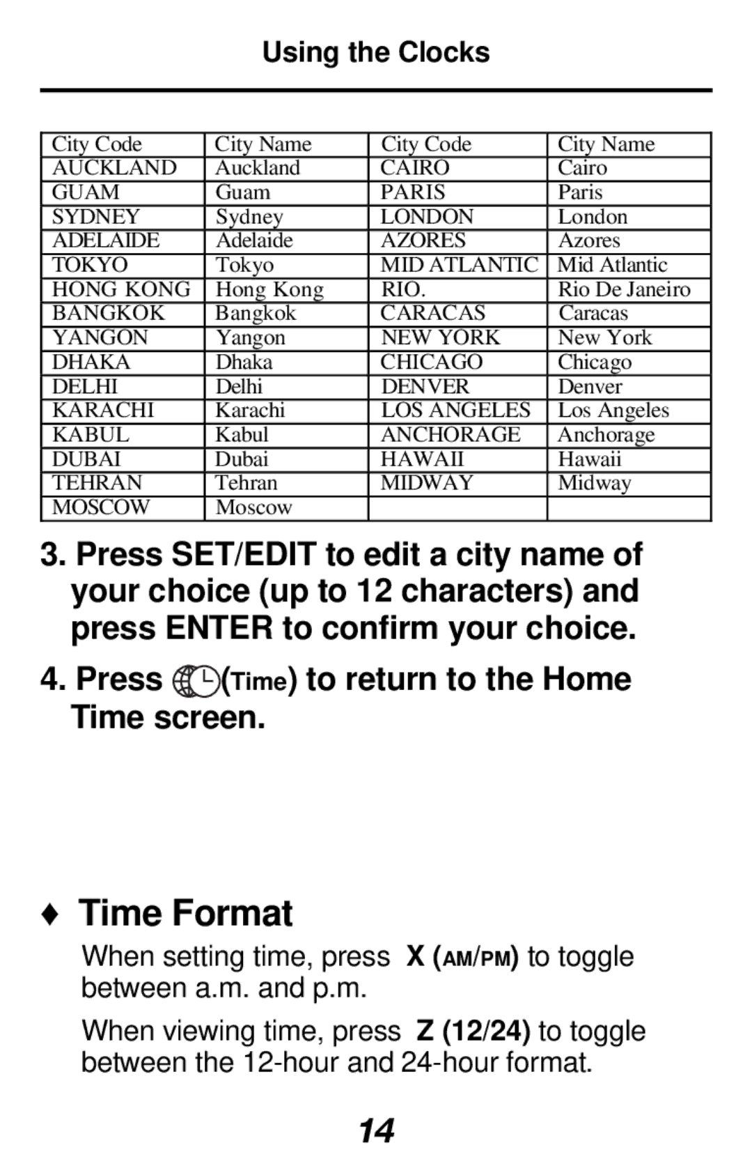 Franklin RF-1000 manual Time Format, Press Time to return to the Home Time screen, Using the Clocks 