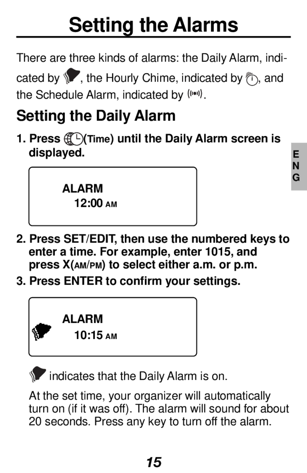 Franklin RF-1000 manual Setting the Alarms, Setting the Daily Alarm 