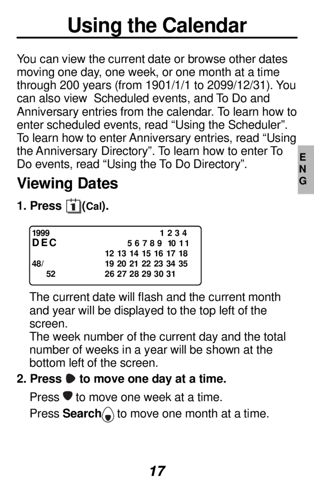 Franklin RF-1000 manual Using the Calendar, Viewing Dates, Press 1 Cal 