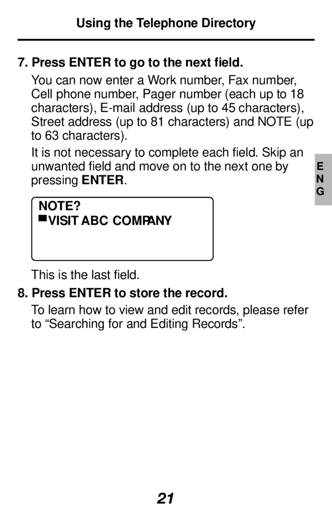 Franklin RF-1000 manual Visit ABC Company, Press Enter to store the record 