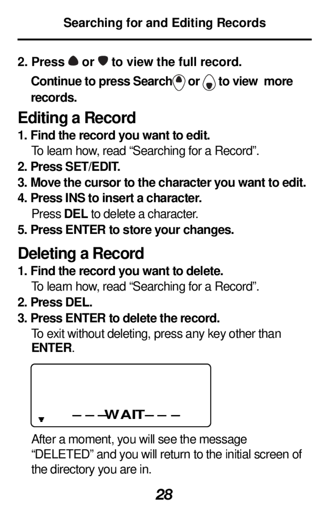 Franklin RF-1000 manual Editing a Record, Deleting a Record, Enter 