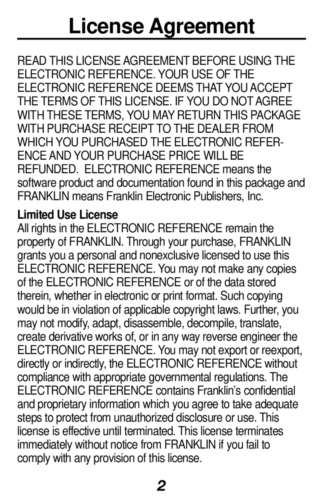 Franklin RF-1000 manual License Agreement, Limited Use License 