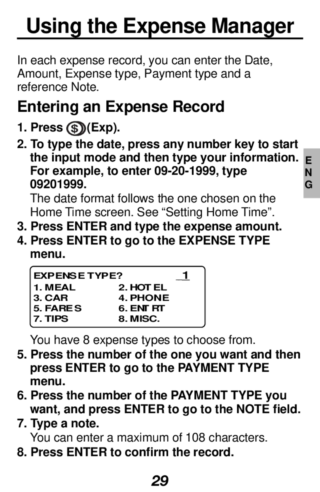 Franklin RF-1000 Using the Expense Manager, Entering an Expense Record, Type a note, Press Enter to confirm the record 