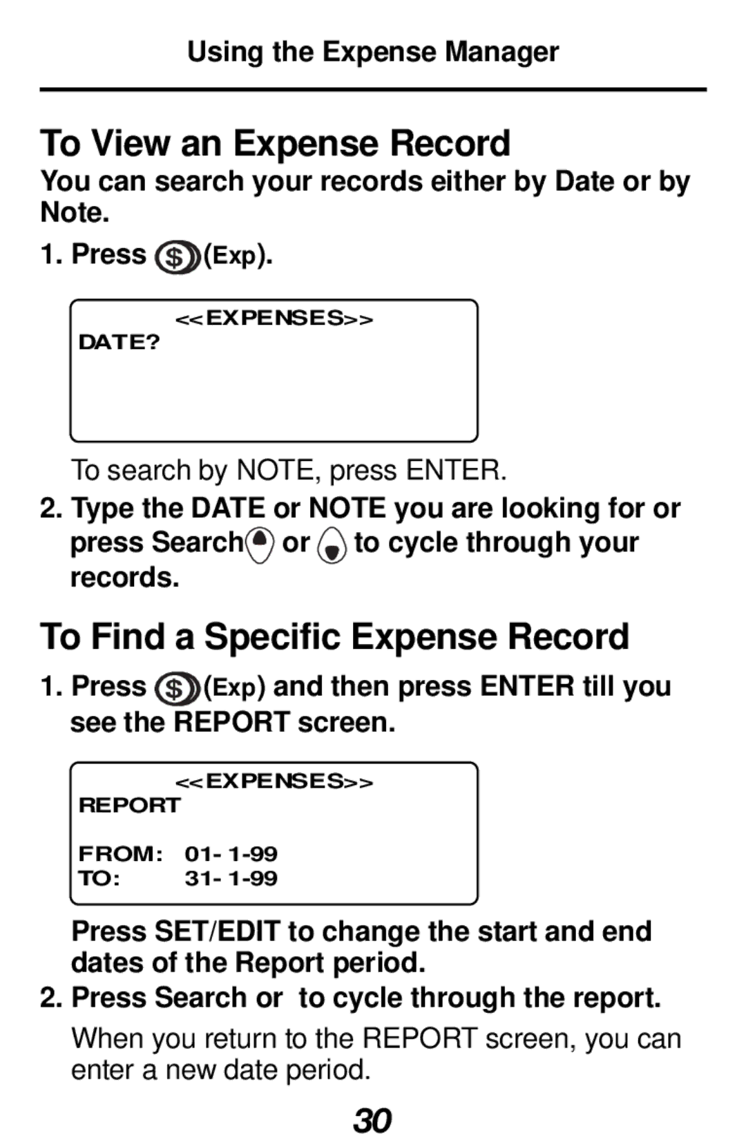 Franklin RF-1000 manual To View an Expense Record, To Find a Specific Expense Record, Using the Expense Manager 