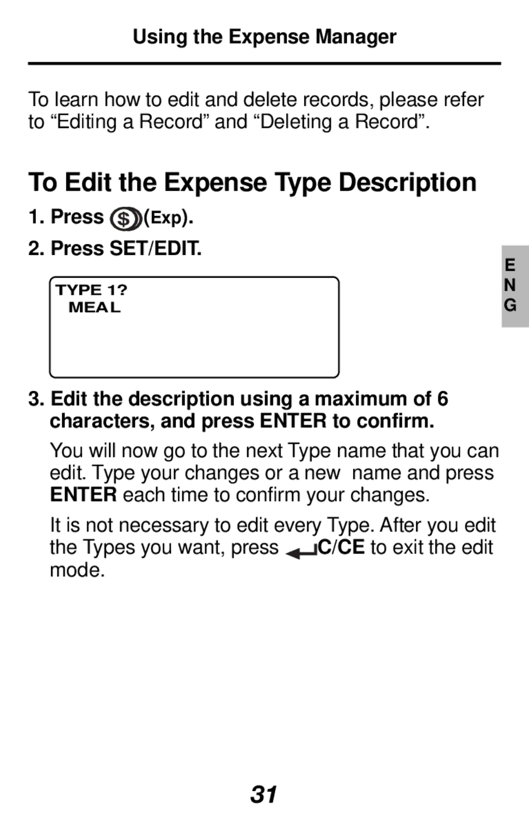 Franklin RF-1000 manual To Edit the Expense Type Description, Press Exp Press SET/EDIT 