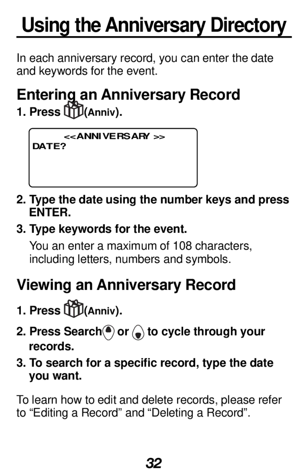 Franklin RF-1000 Entering an Anniversary Record, Viewing an Anniversary Record, Press Anniv, Type keywords for the event 