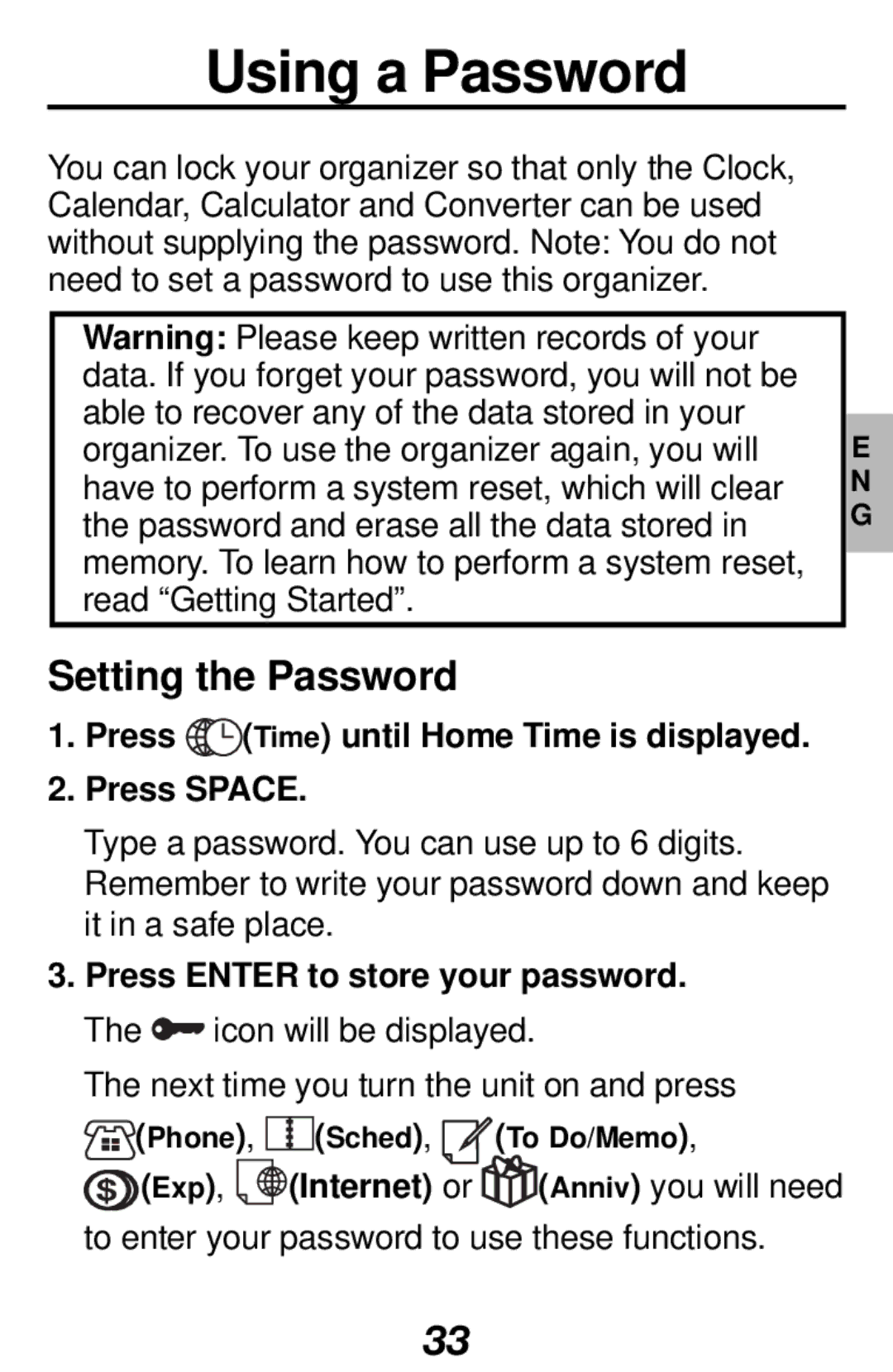 Franklin RF-1000 manual Using a Password, Setting the Password, Press Time until Home Time is displayed Press Space 