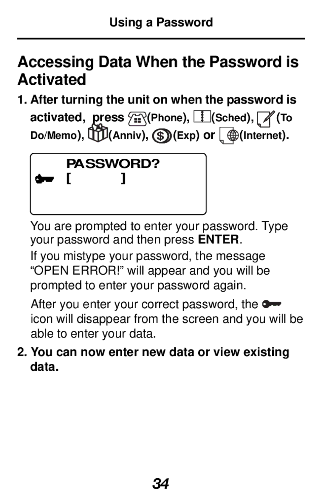 Franklin RF-1000 manual Accessing Data When the Password is Activated, Using a Password, Password? 