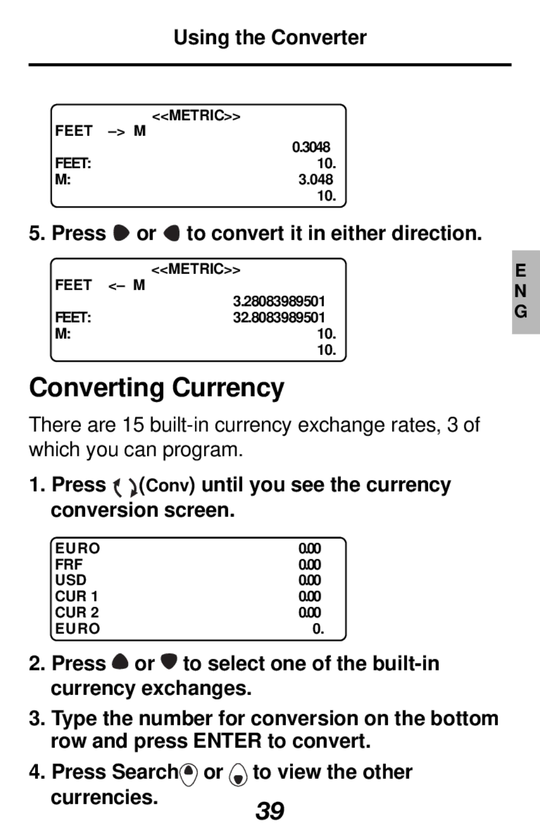 Franklin RF-1000 manual Converting Currency, Using the Converter, Press or to convert it in either direction 