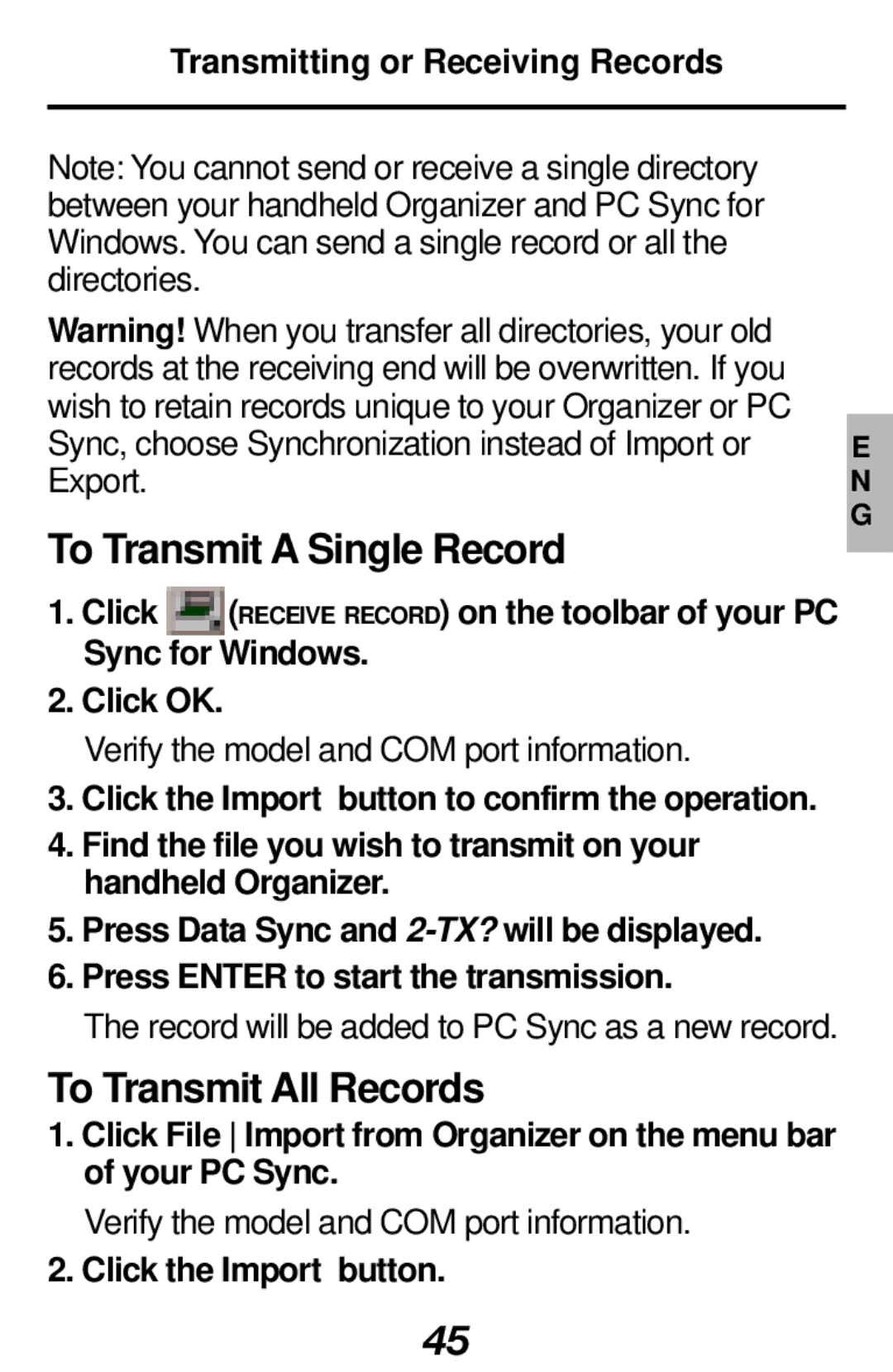 Franklin RF-1000 manual To Transmit a Single Record, To Transmit All Records, Click the Import button 