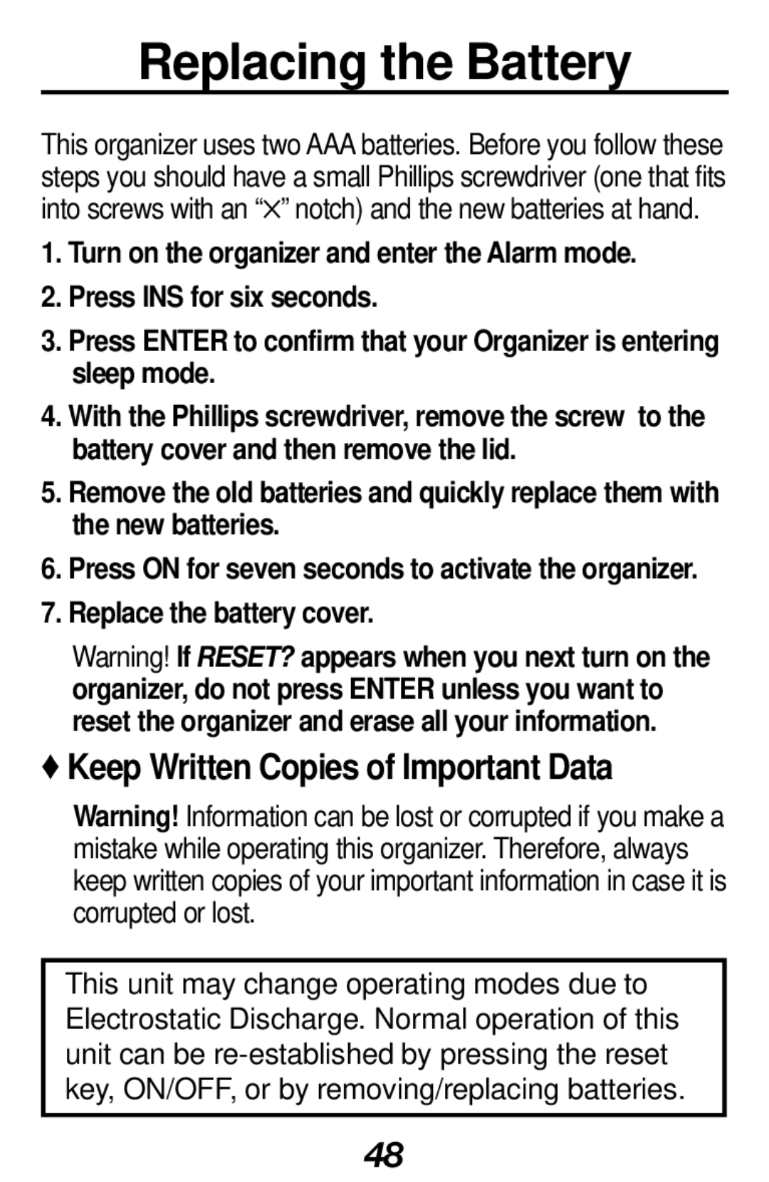 Franklin RF-1000 manual Replacing the Battery, Keep Written Copies of Important Data, Replace the battery cover 