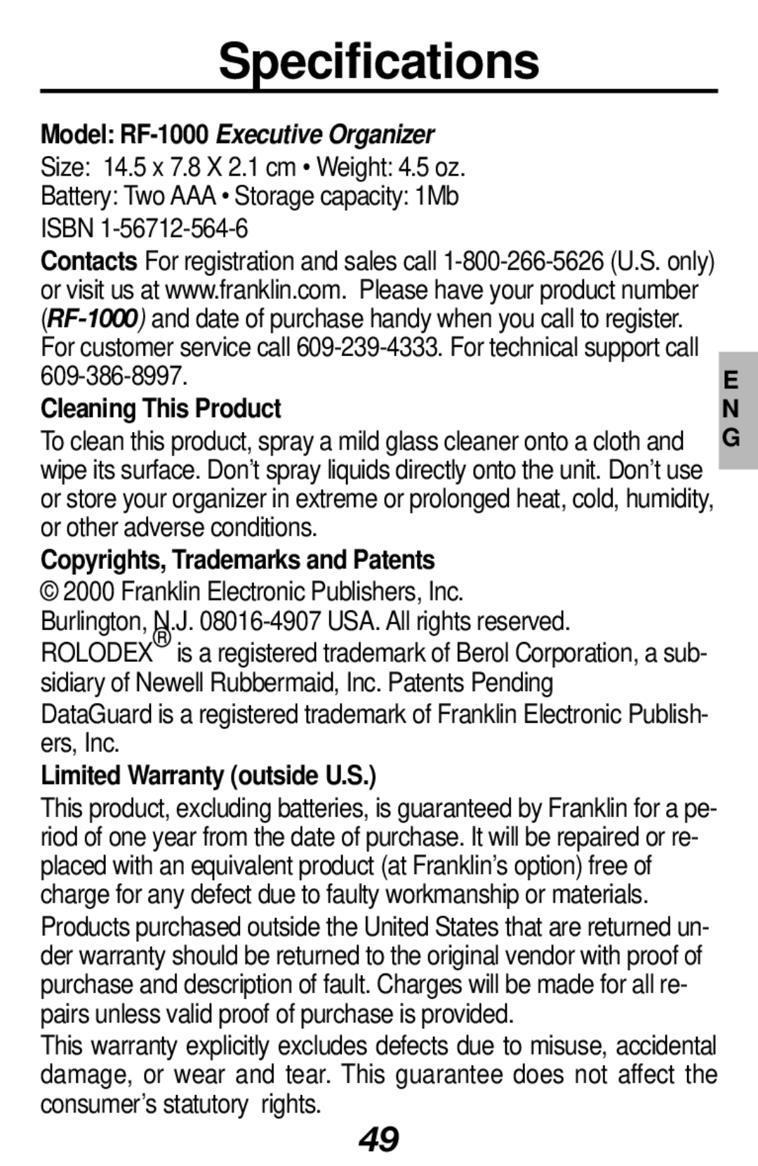 Franklin RF-1000 Specifications, Cleaning This Product, Copyrights, Trademarks and Patents, Limited Warranty outside U.S 