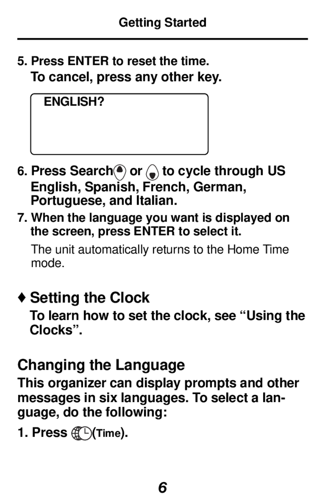 Franklin RF-1000 manual Setting the Clock, Changing the Language, Getting Started, English? 