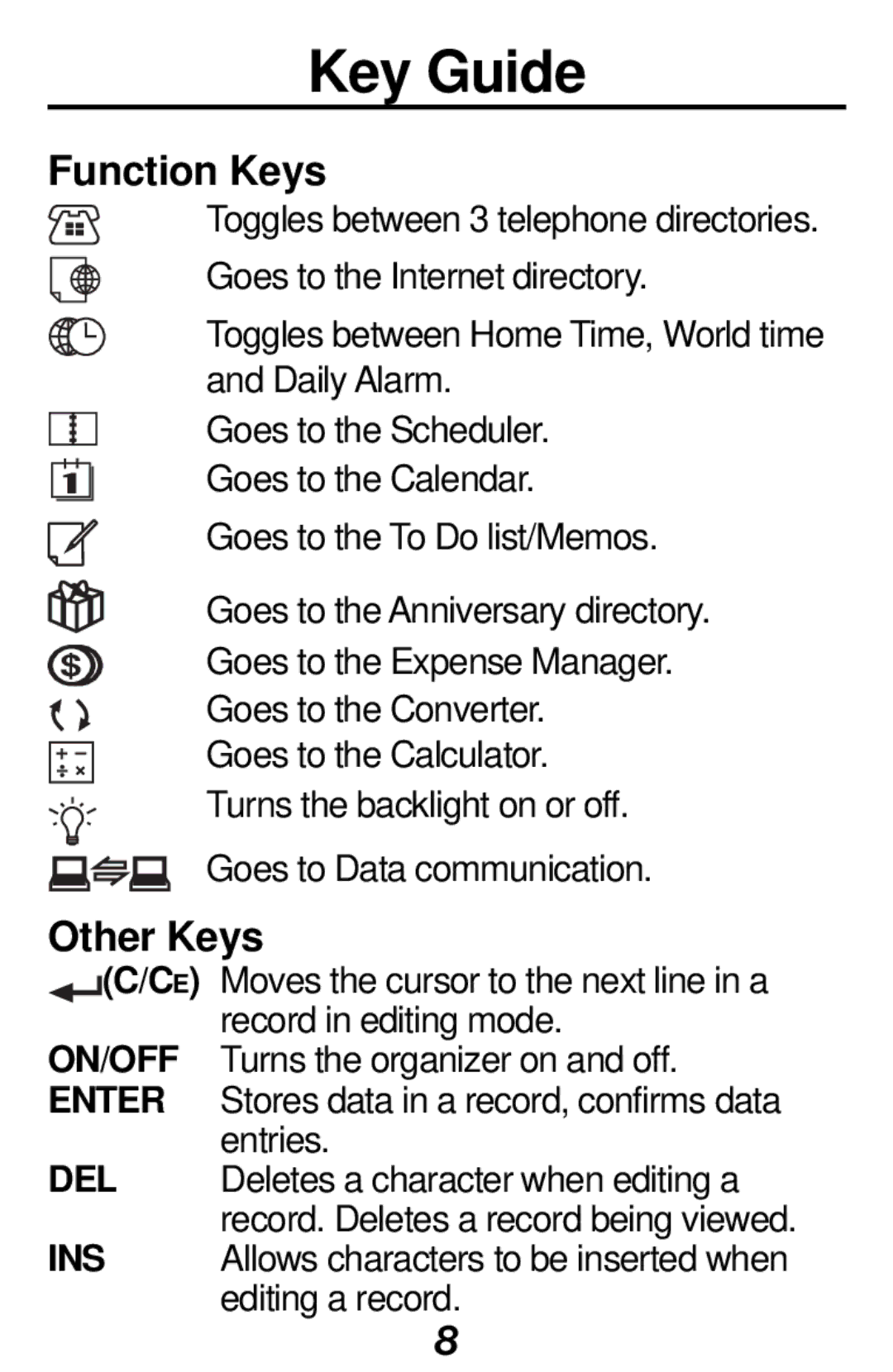 Franklin RF-1000 manual Key Guide, Function Keys, Other Keys 