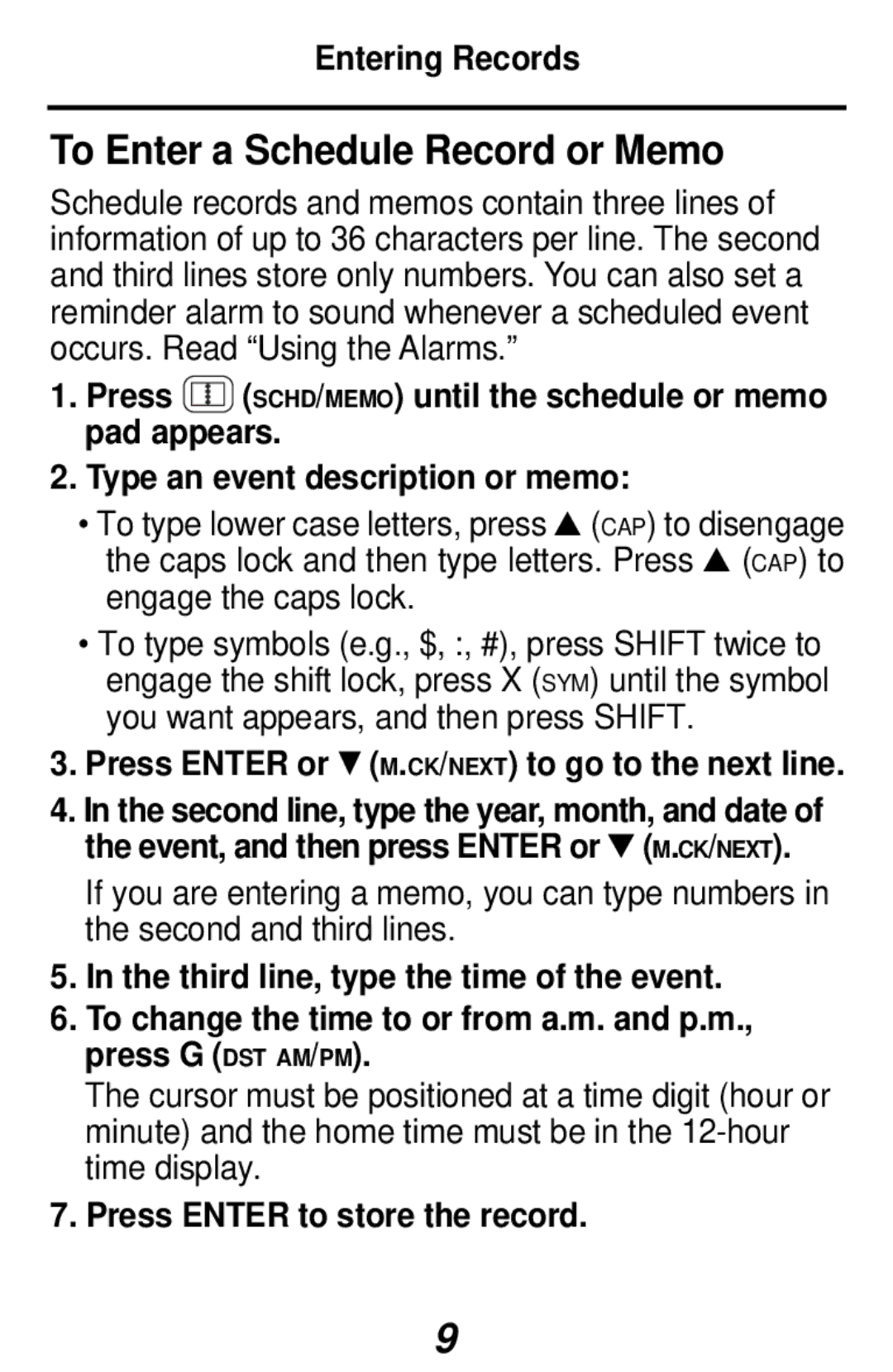 Franklin RF-1064 manual To Enter a Schedule Record or Memo, Entering Records, Press Enter to store the record 