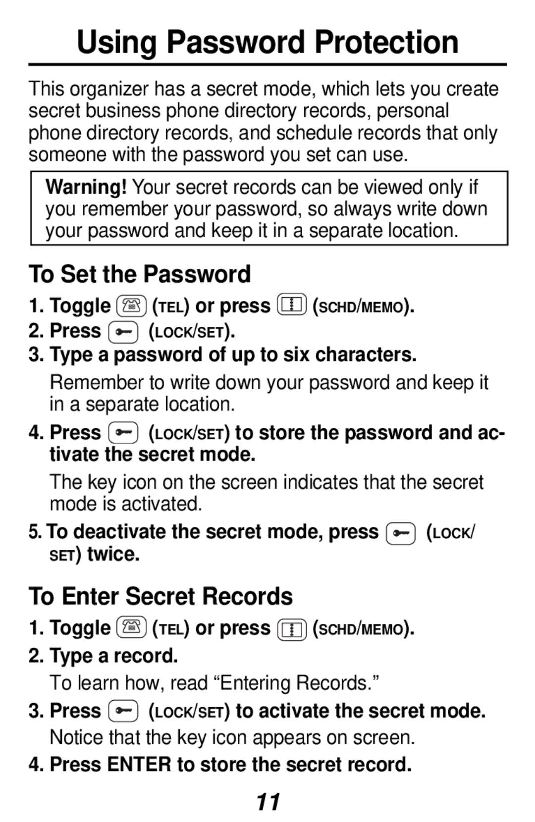 Franklin RF-1064 manual Using Password Protection, To Set the Password, To Enter Secret Records 