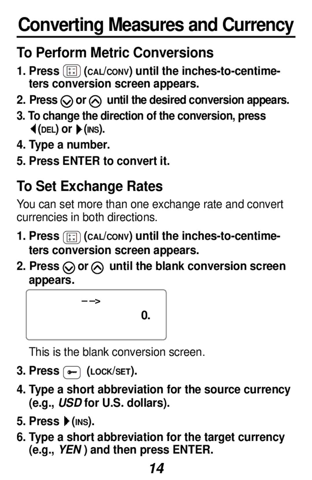 Franklin RF-1064 To Perform Metric Conversions, To Set Exchange Rates, Press or until the blank conversion screen appears 