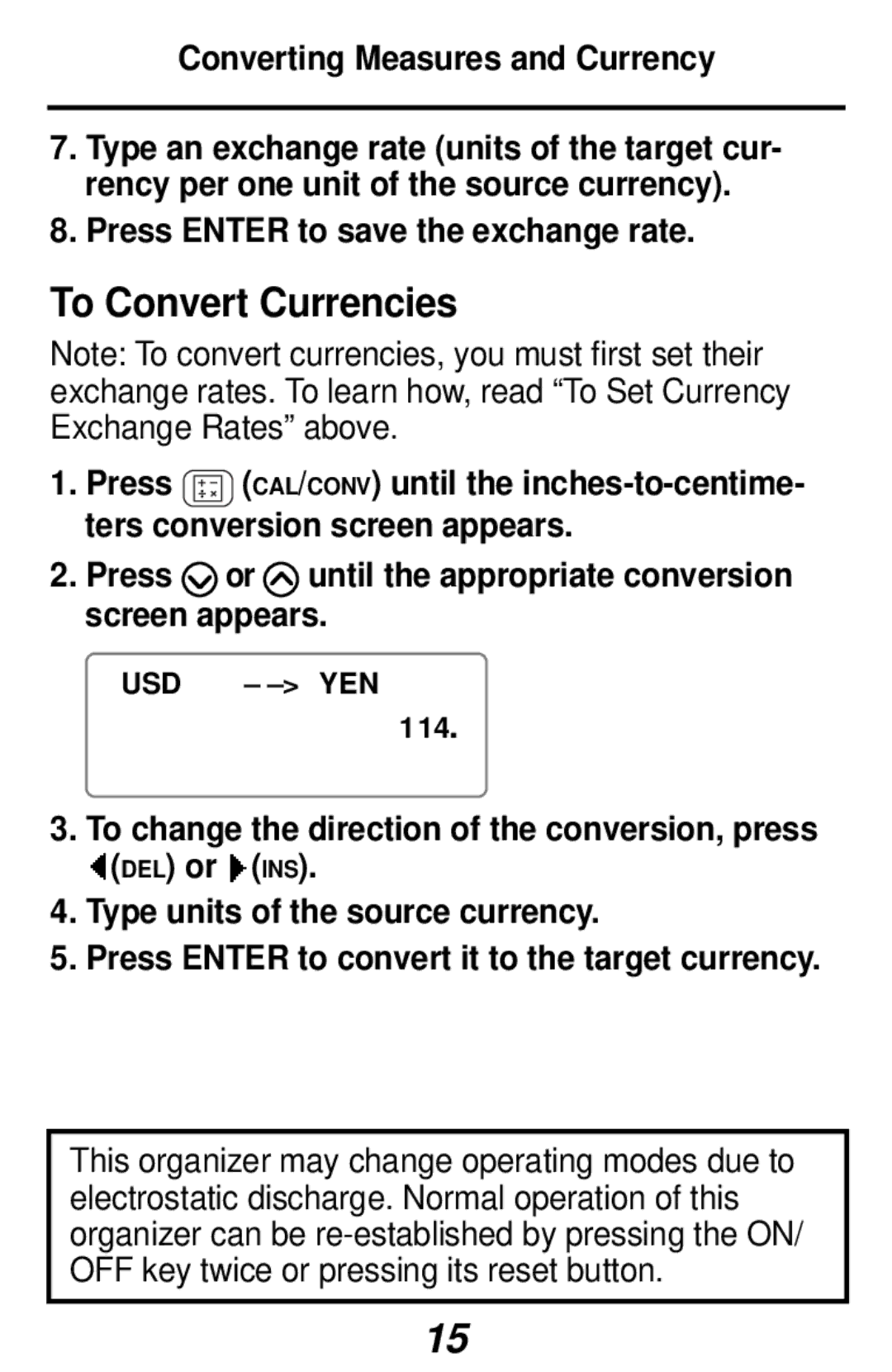 Franklin RF-1064 manual To Convert Currencies, Converting Measures and Currency, Press Enter to save the exchange rate 