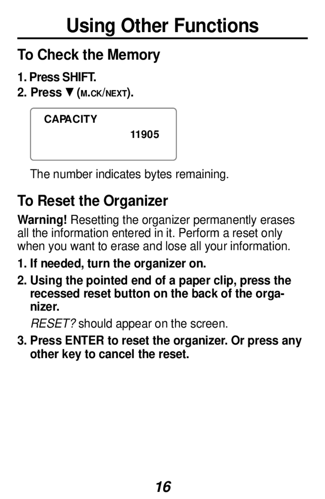 Franklin RF-1064 manual Using Other Functions, To Check the Memory, To Reset the Organizer, Press Shift Press M.CK/NEXT 