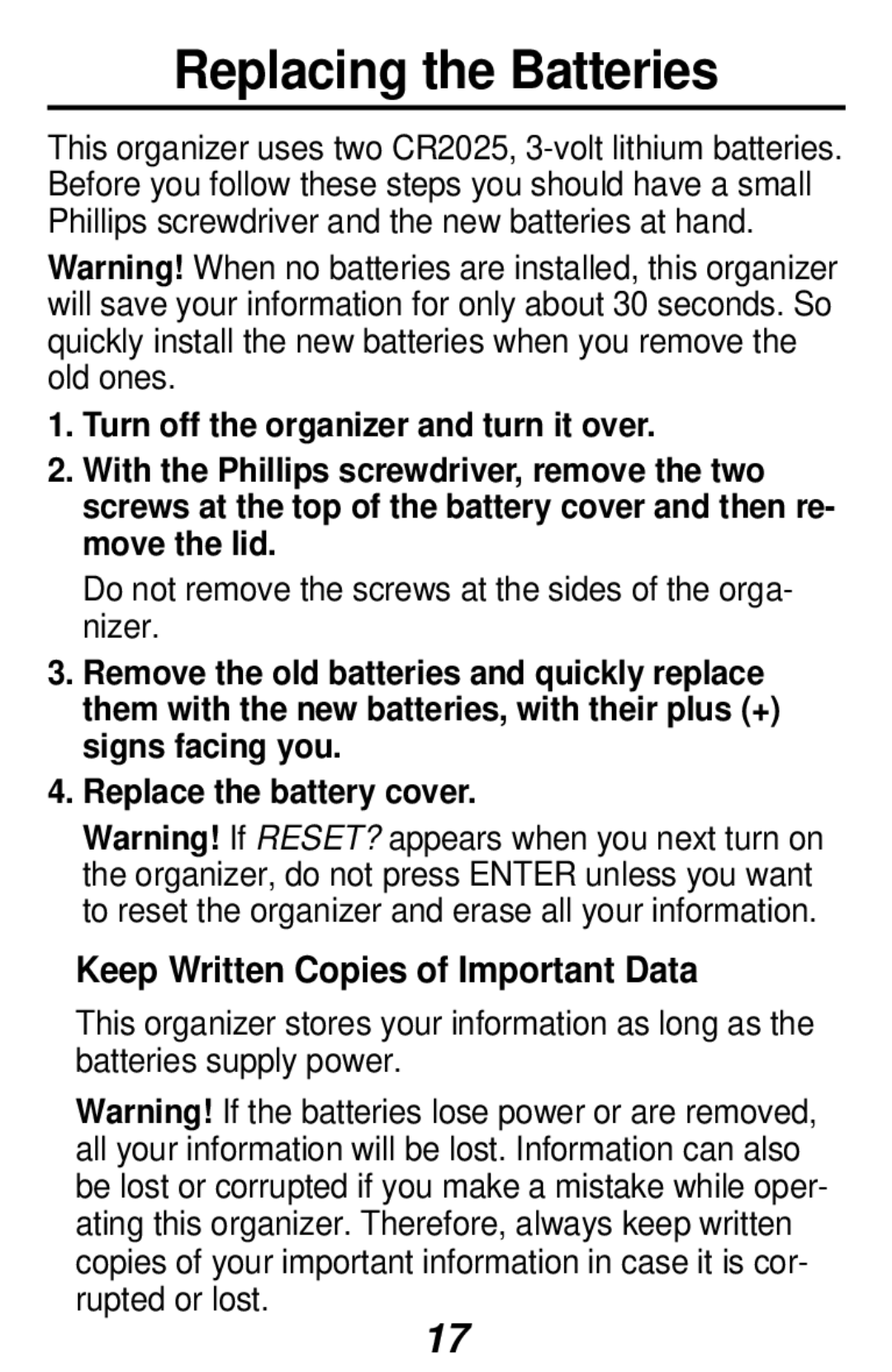 Franklin RF-1064 manual Replacing the Batteries, Keep Written Copies of Important Data 